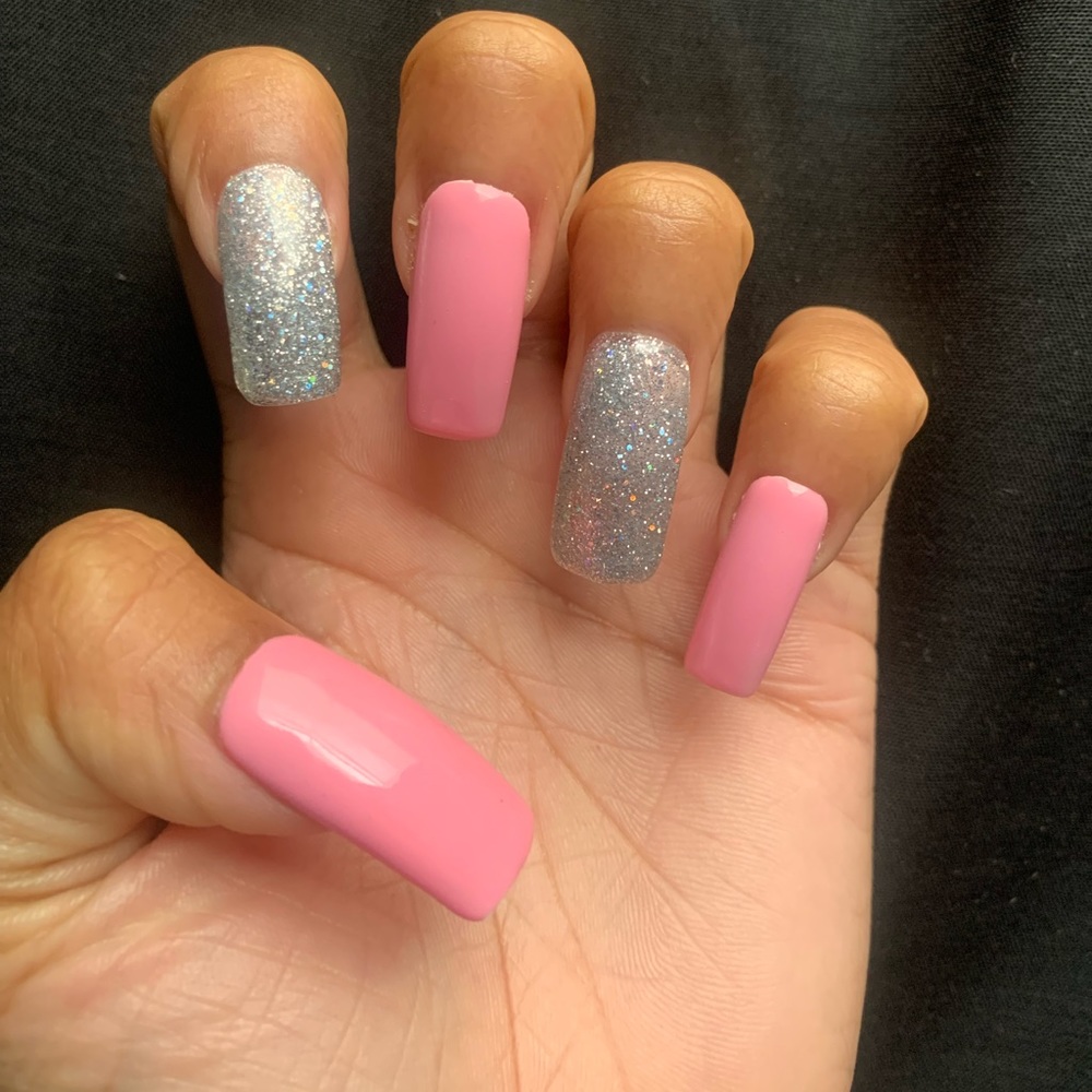 Pink and Silver Long Square Press-On Nails